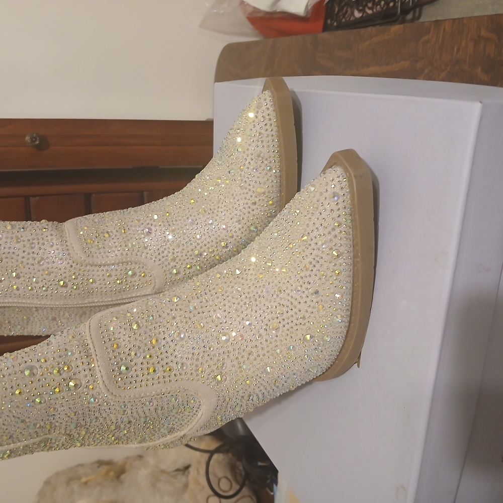 Madden Girl Cream Ankle Booties with Rhinestone Embellishments